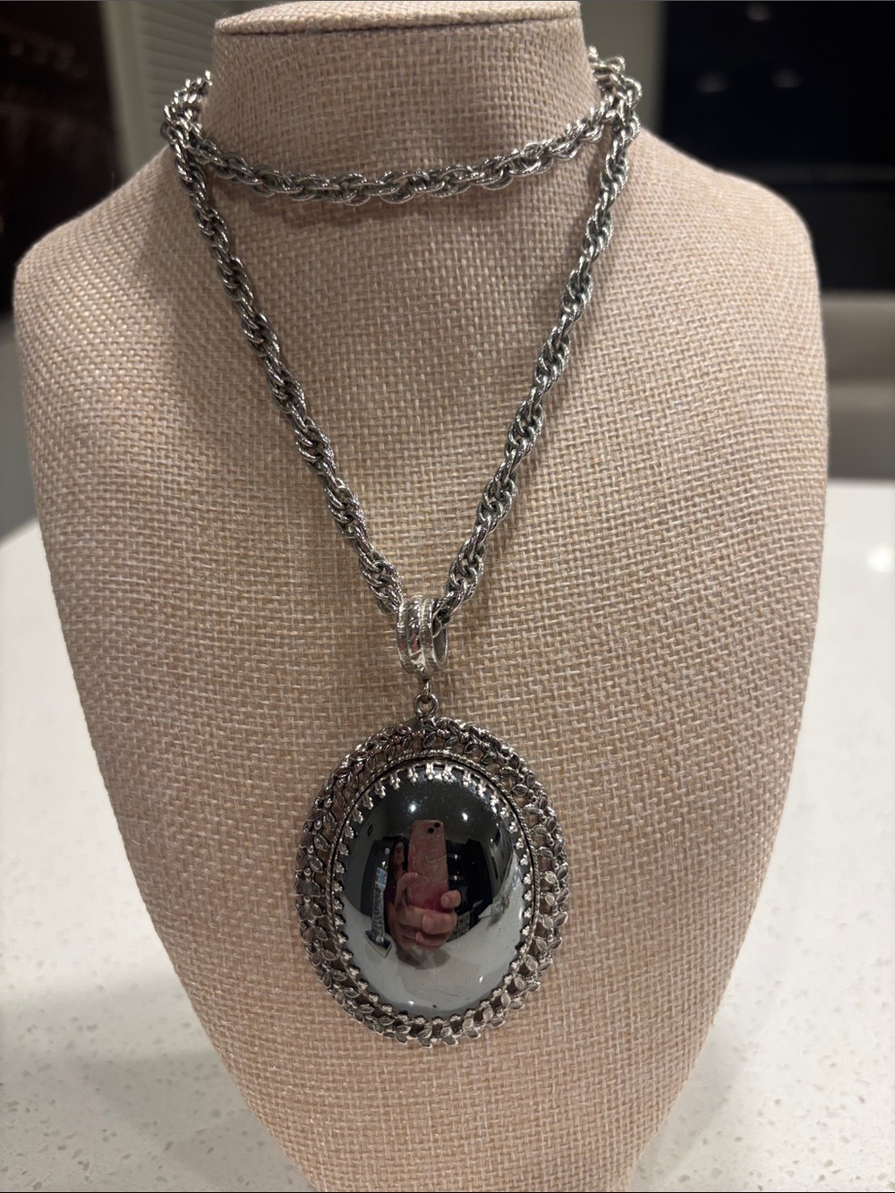 Vintage Whiting & Davis Hematite Glass Pendant Necklace, Victorian Revival Chain